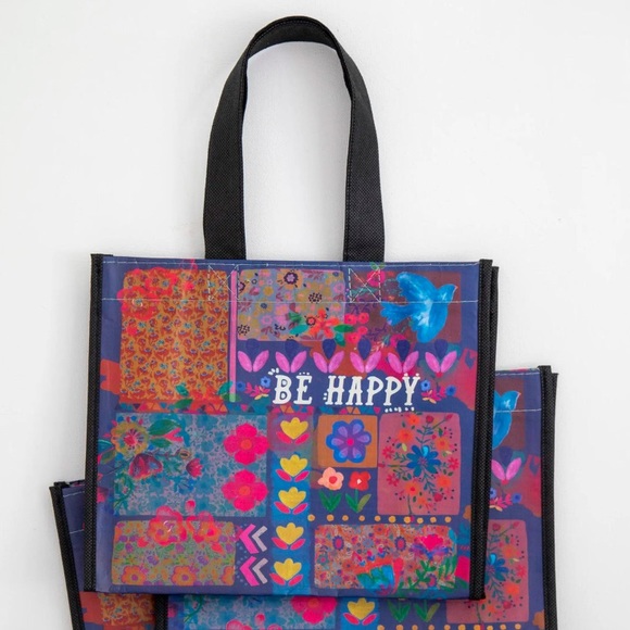 3/$15 “be happy” reusable floral bag - Picture 2 of 5